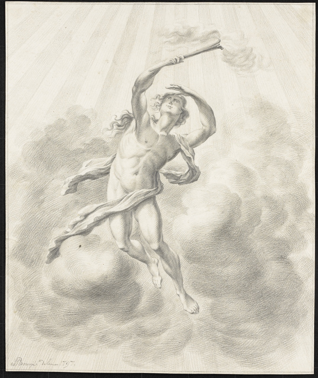 Man met toorts in wolkenlucht met stralen, Johan Pieter Bourjé