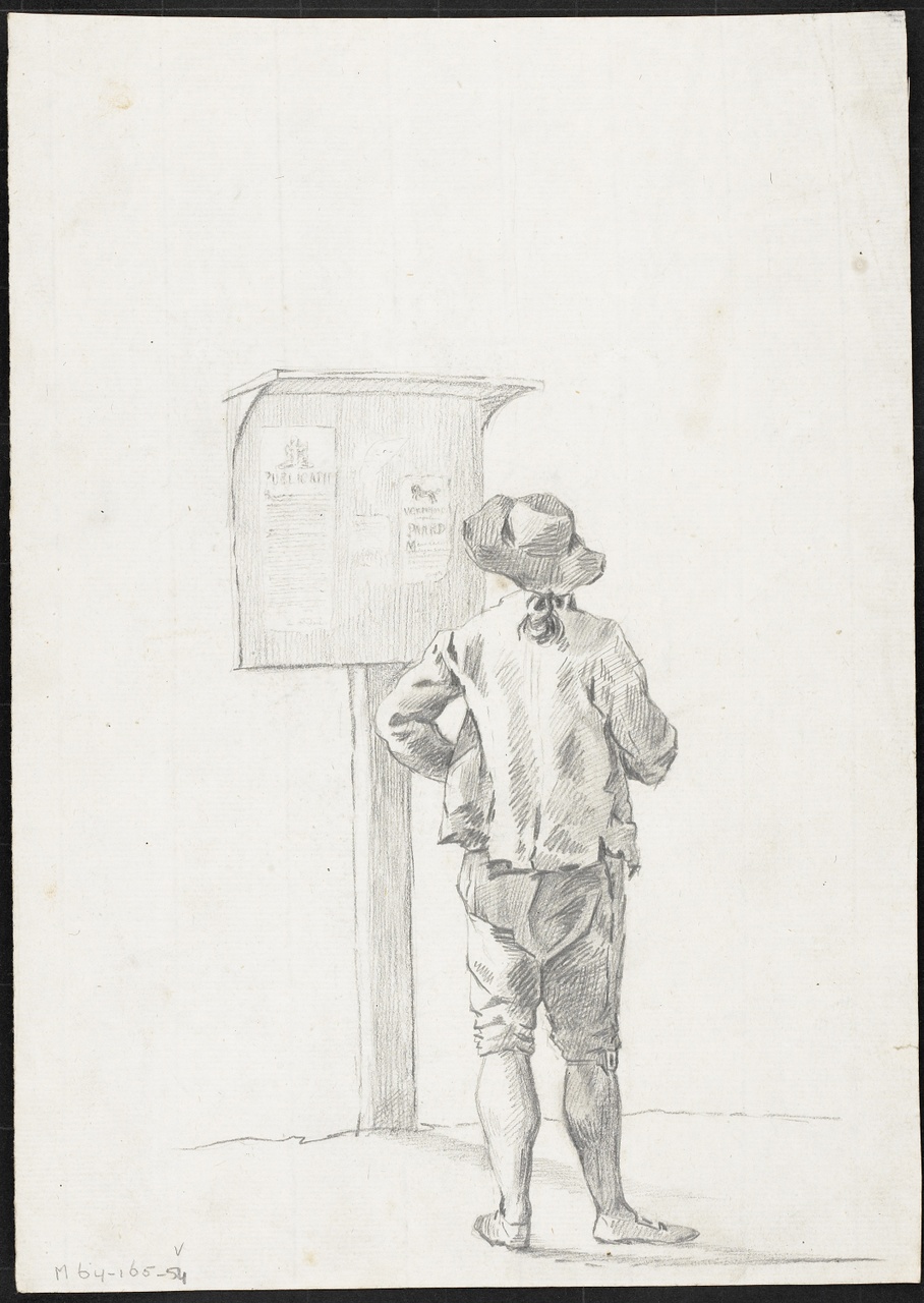 Studie van jongen die op bord met plakkaten kijkt, Johan Pieter Bourjé