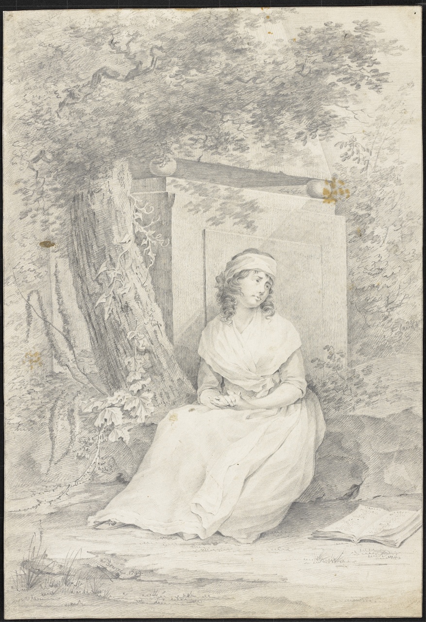 Studie van een jonge vrouw in een landschap, Johan Pieter Bourjé
