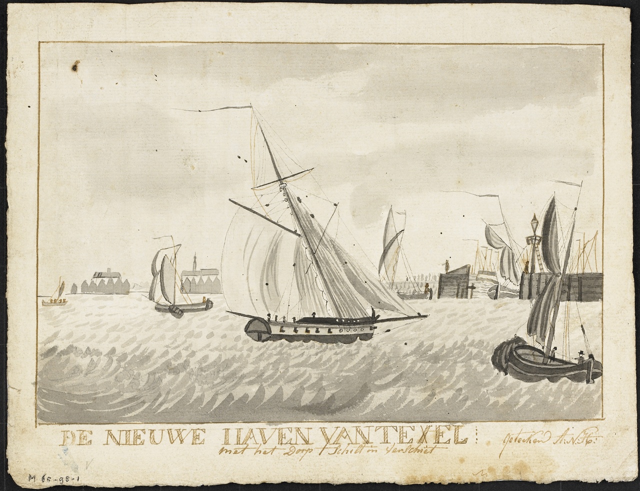 Nieuwe Haven van Texel met het dorp 't Schilt in Verschiet, A.N. Hoek