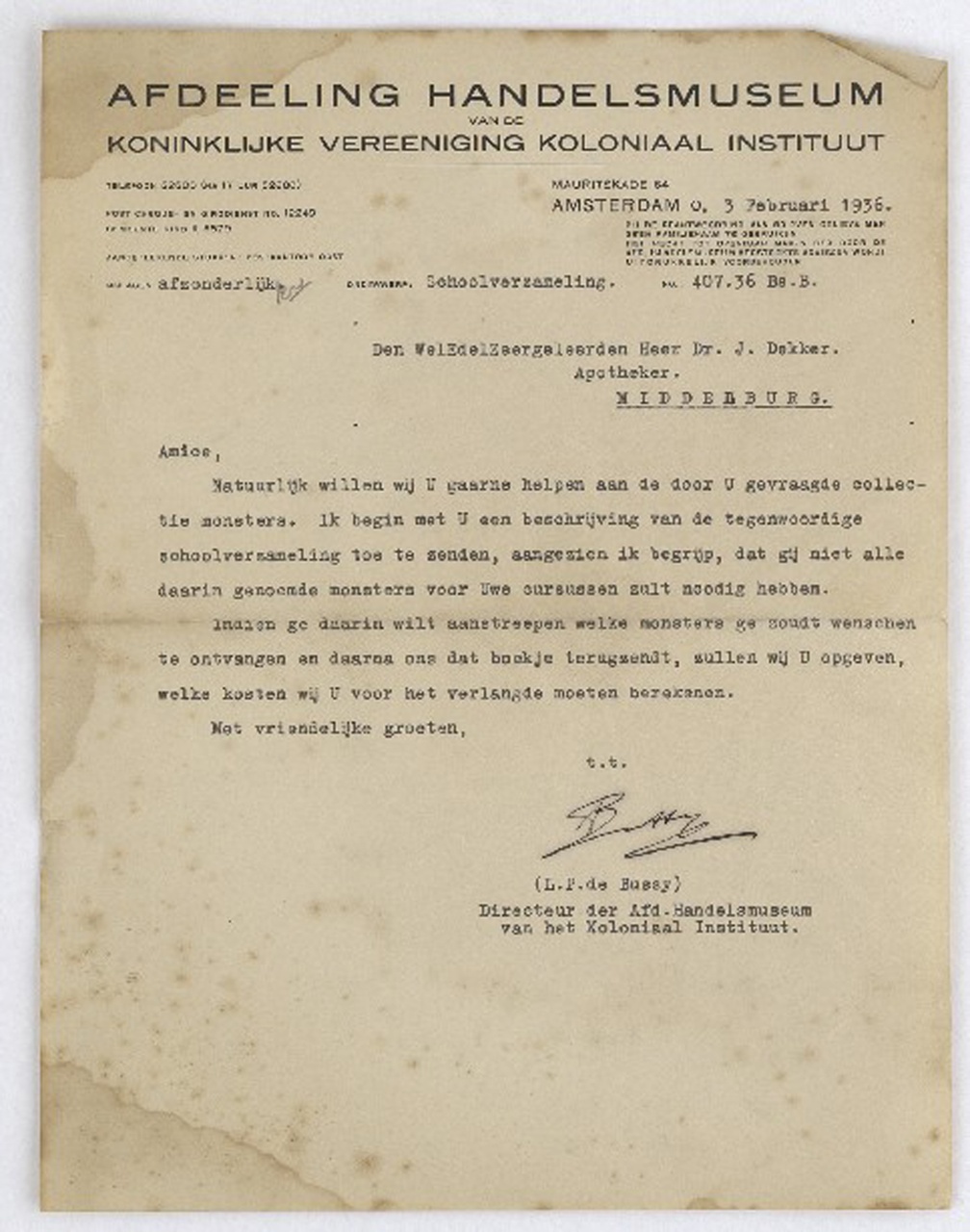 Brief van Afdeeling Handelsmuseum van de Koninklijke Vereeniging Koloniaal Instituut