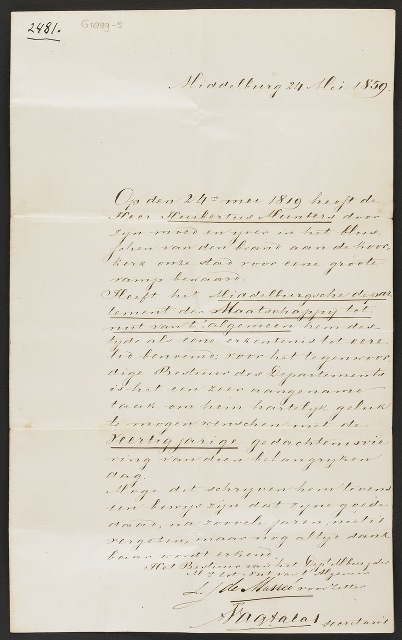 Brief met felicitatie 40-jarige gedachtenisviering van de heldendaad van Huybertus Munsters, L.J. de Masseé