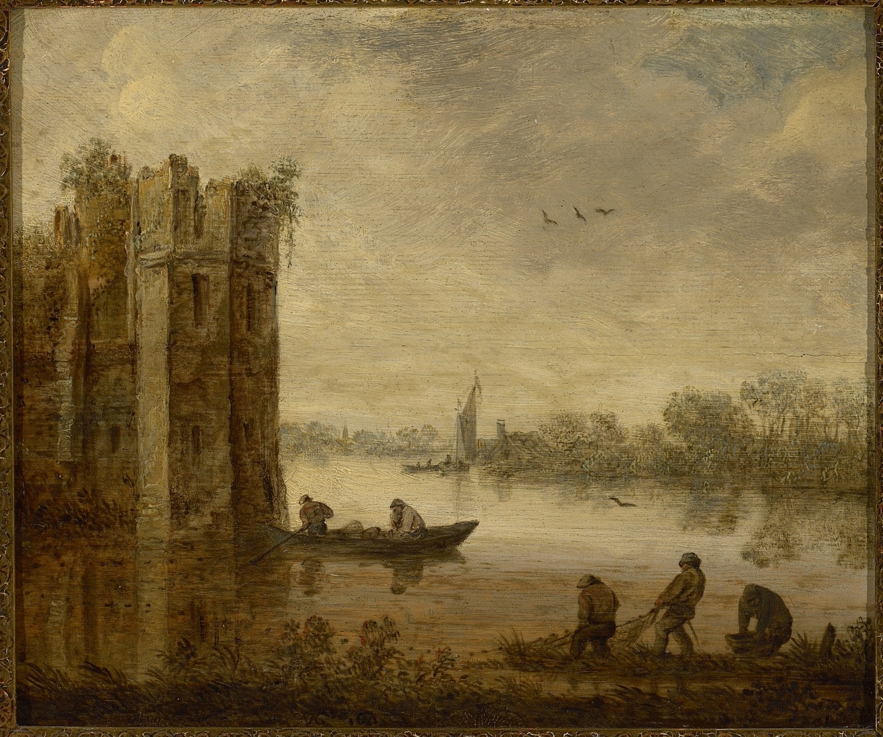 Rivierlandschap met visser bij een vervallen toren, Anoniem