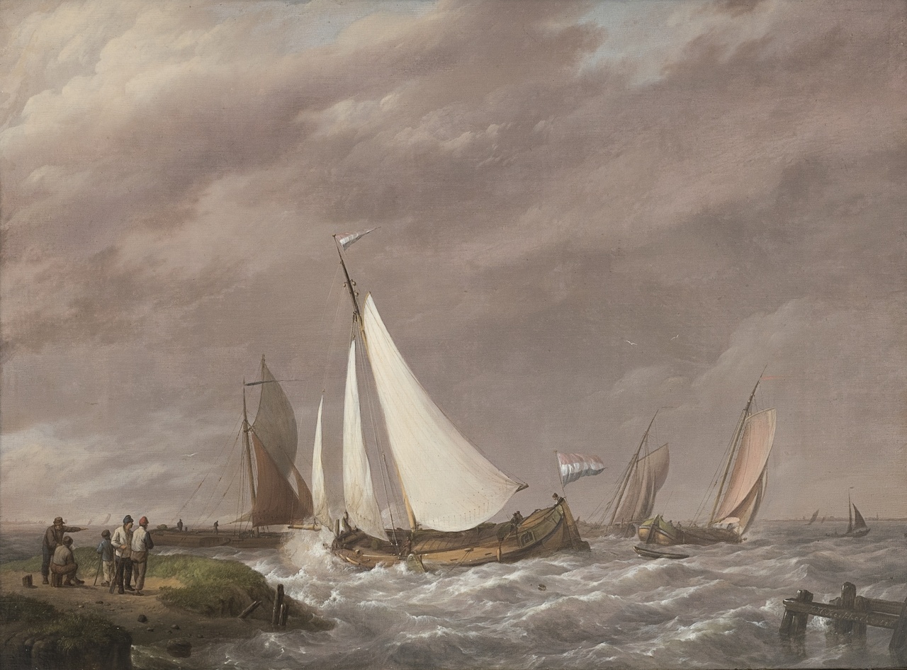 Platbodem in storm op de rede, J.H. Koekkoek