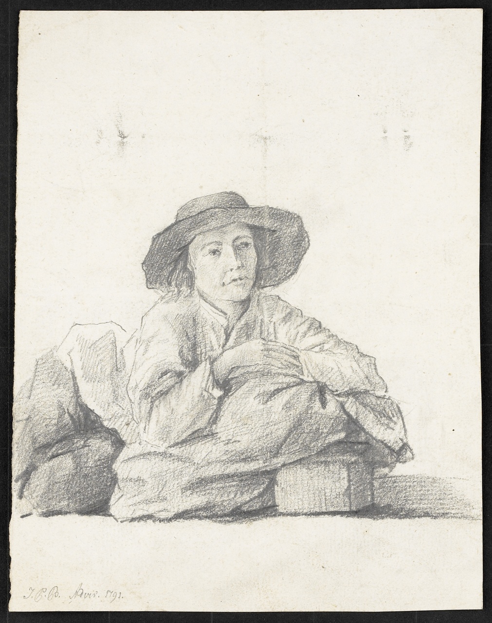 Studie van jongen met hoed op, liggend op zijn zij, Johan Pieter Bourjé