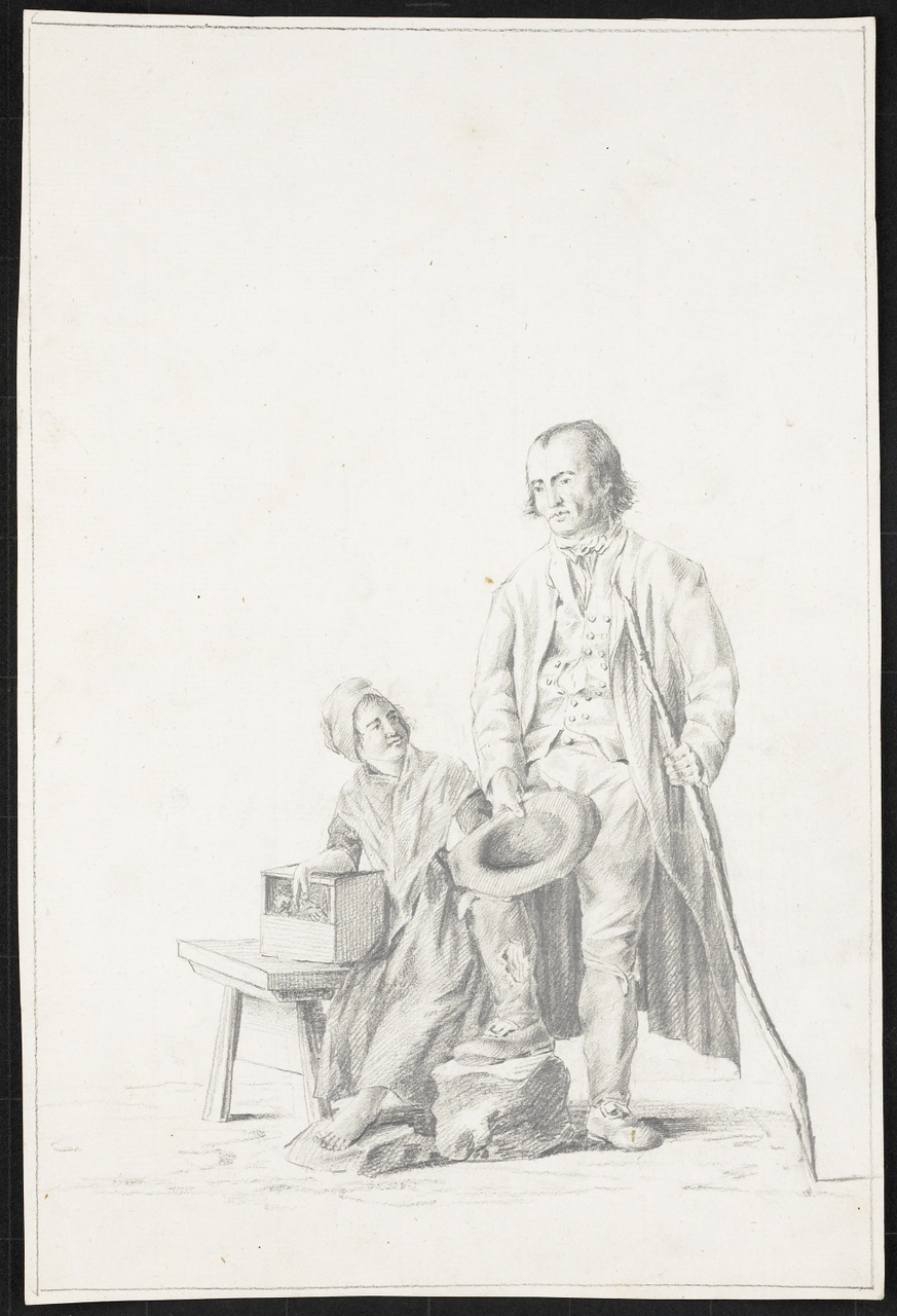 Studie van een staande man en zittende vrouw bij een vogelkooi, Johan Pieter Bourjé