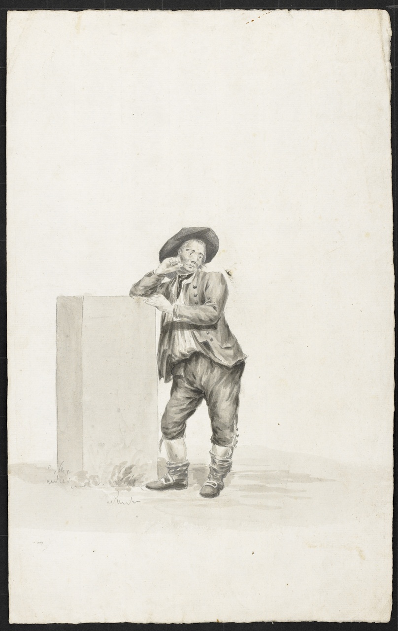 Studie van een staande man leunend op een blok steen, Johan Pieter Bourjé