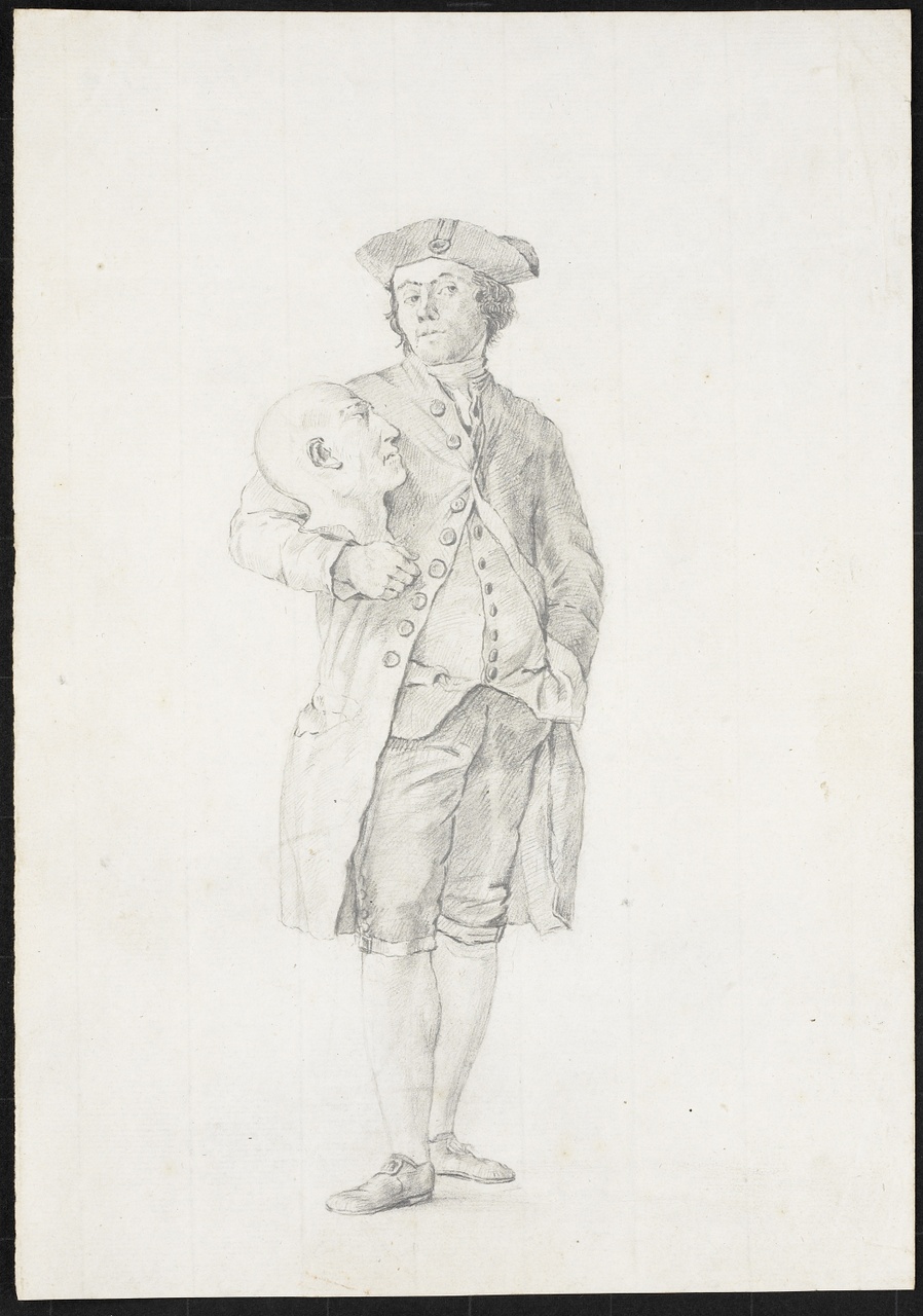 Studie van een kunstenaar die een gipsen kop op zijn rechterarm houdt, Johan Pieter Bourjé