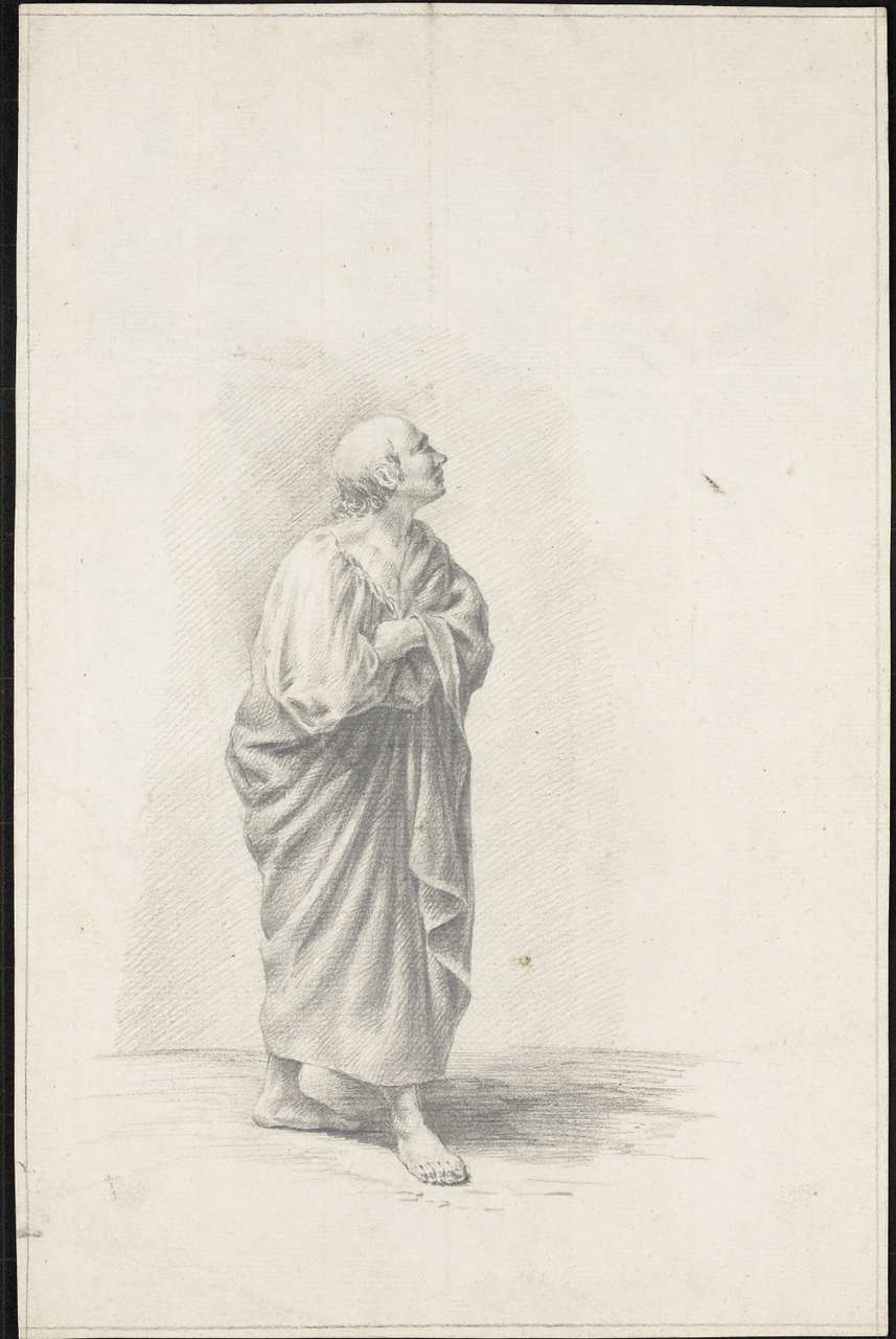 Studie van een oudere man in toga, blootvoets, Johan Pieter Bourjé