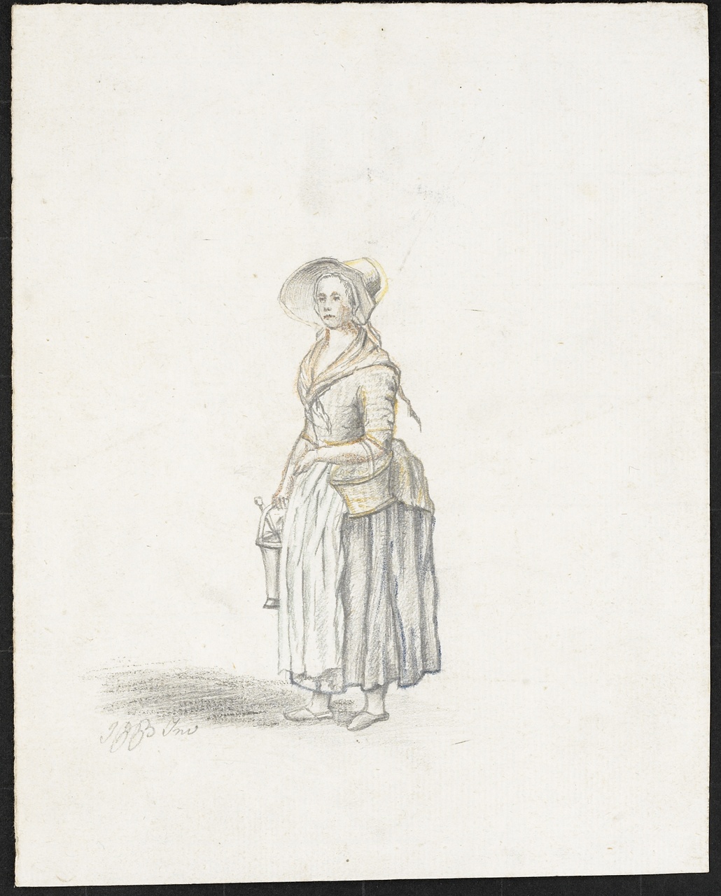 Studie van een vrouw met hoed op, een mand aan haar arm en een emmer, Johan Pieter Bourjé