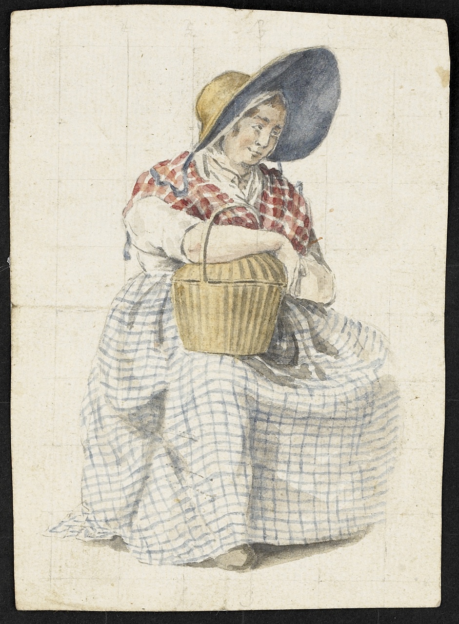 Studie van een zittende vrouw met hoed op en mand op schoot, Johan Pieter Bourjé