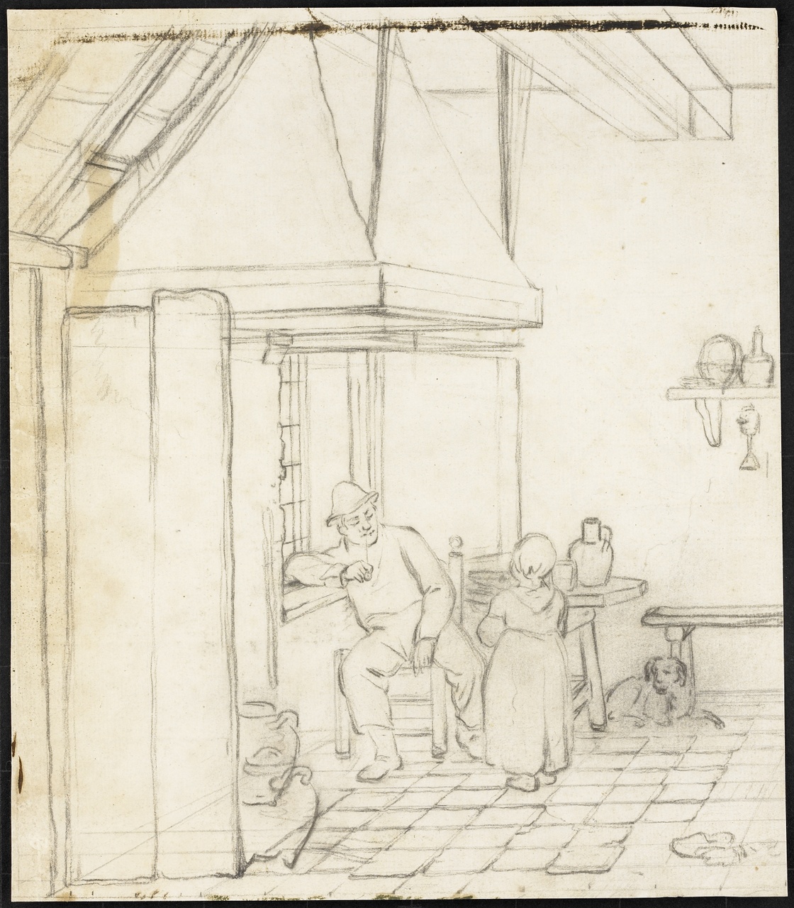 Interieur met zittende man bij de haard, een meisje en een hond