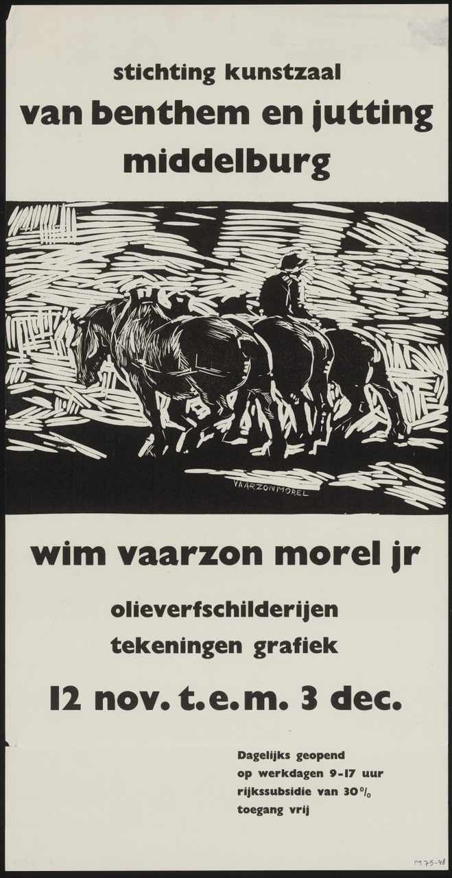 Tentoonstellingsaffiche met in het midden een linoleumsnede van werkpaarden