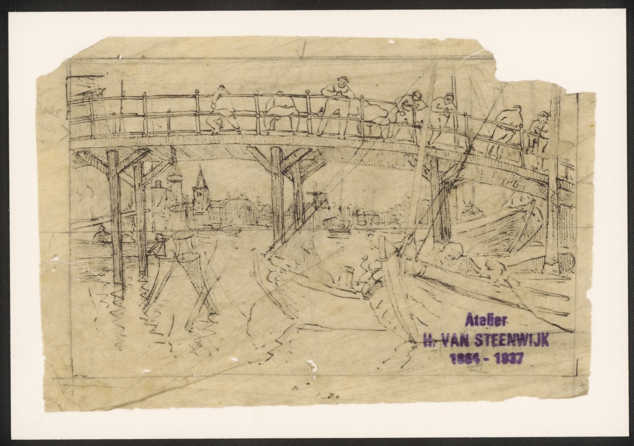 Ingekleurde ets van brug en schip, Hendrik van Steenwijk