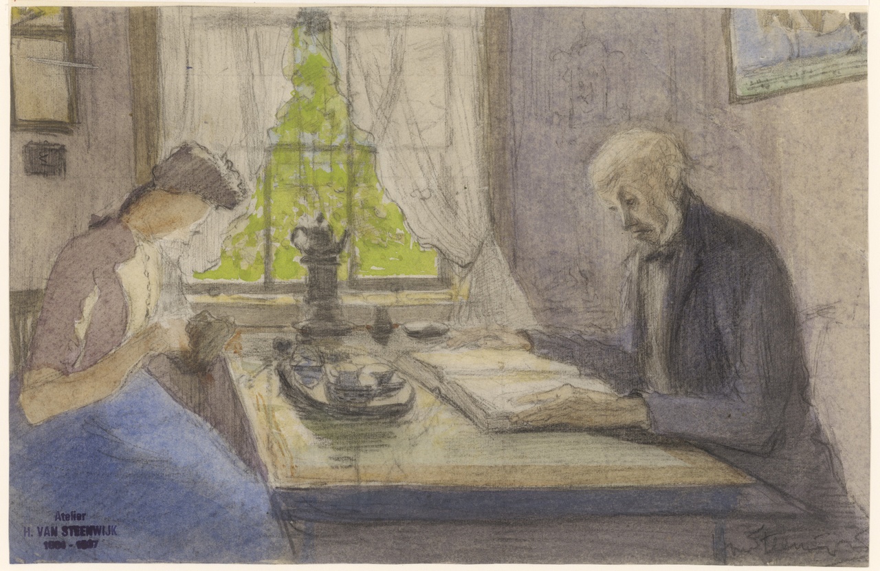 Interieur, man en vrouw aan tafel, Hendrik van Steenwijk