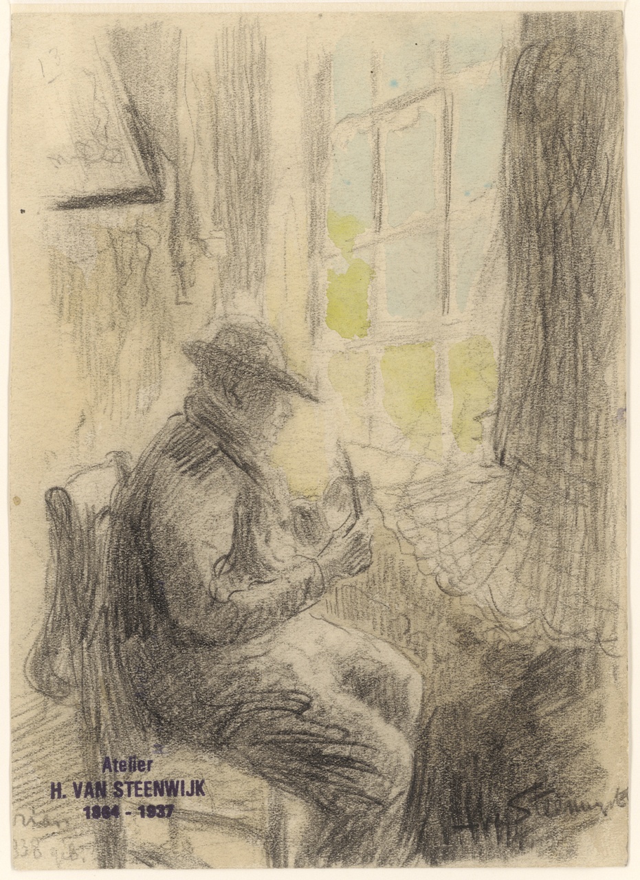 Schets van man in stoel voor raam (van binnen gezien), Hendrik van Steenwijk