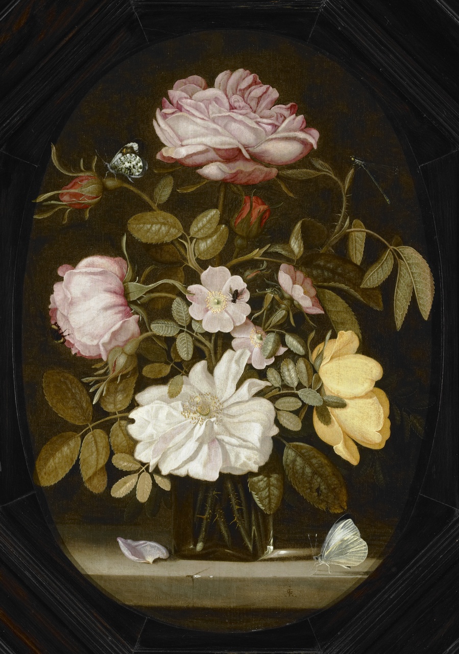 Stilleven met boeket rozen in een glazen vaas, Johannes Goedaert