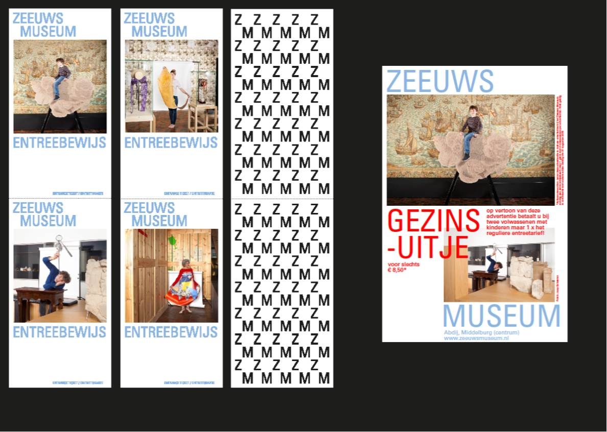 De nieuwe huisstijl van het Zeeuws Museum door vormgever Hans Gremmen: toegangskaarten en advertentie met foto's van Jaap Scheeren