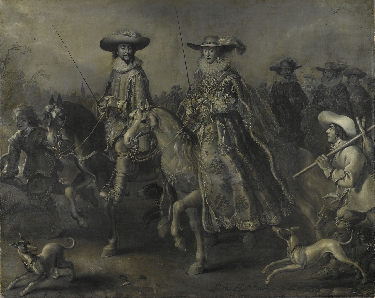 Adriaen van de Venne Frederik V keurvorst van de Palts Koning van Bohemen en zijn echtgenote Elizabeth Stuart te paard1626 Collectie Rijksmuseum.jpg