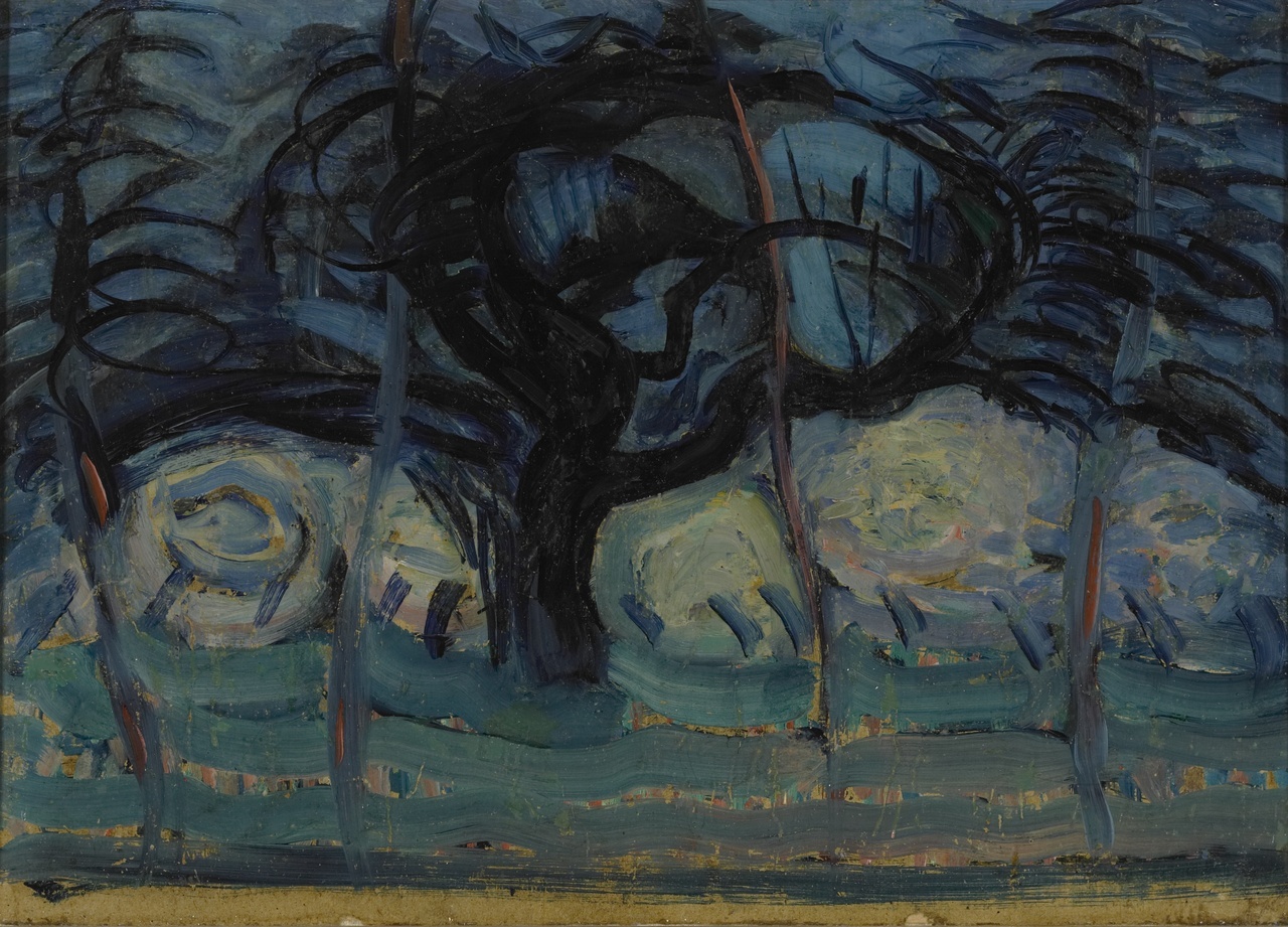 Blauwe appelboom met golvende lijnen I, Piet Mondriaan, Olieverf op papier (1908-1909)