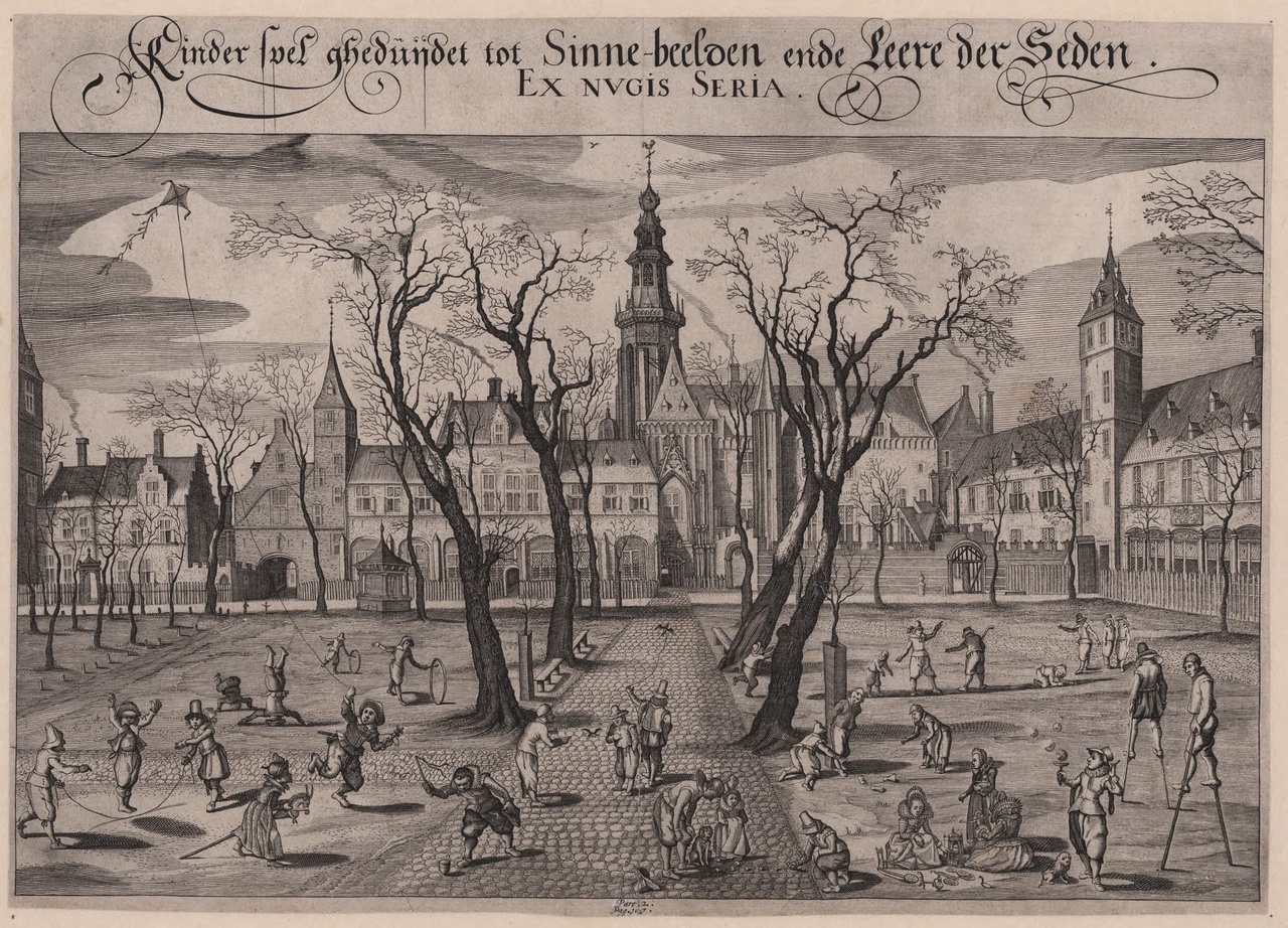 Adriaen van de Venne Kinderen spelend op het abdijplein in Middelburg gravure Collectie Zeeuws Archief